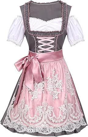 Generisch Dirndl-klederdrachtjurk voor dames, midi-lengte, klederdrachtmode met rok, blouse en schort, 3-delige outfit voor Oktoberfest,dirndljurk met kant, M