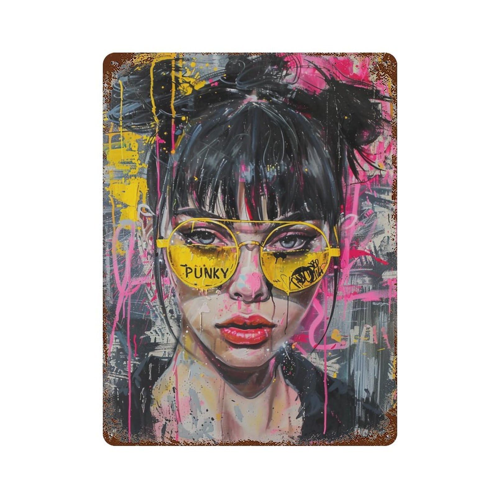 YHGERTKU Vibrant Yellow Sunglasses Punk Girl Portrait 02 Wall Art Retro Iron Vintage Metal Tin Sign Poster Modern Decor for Living Rooms Gift 40x30cm