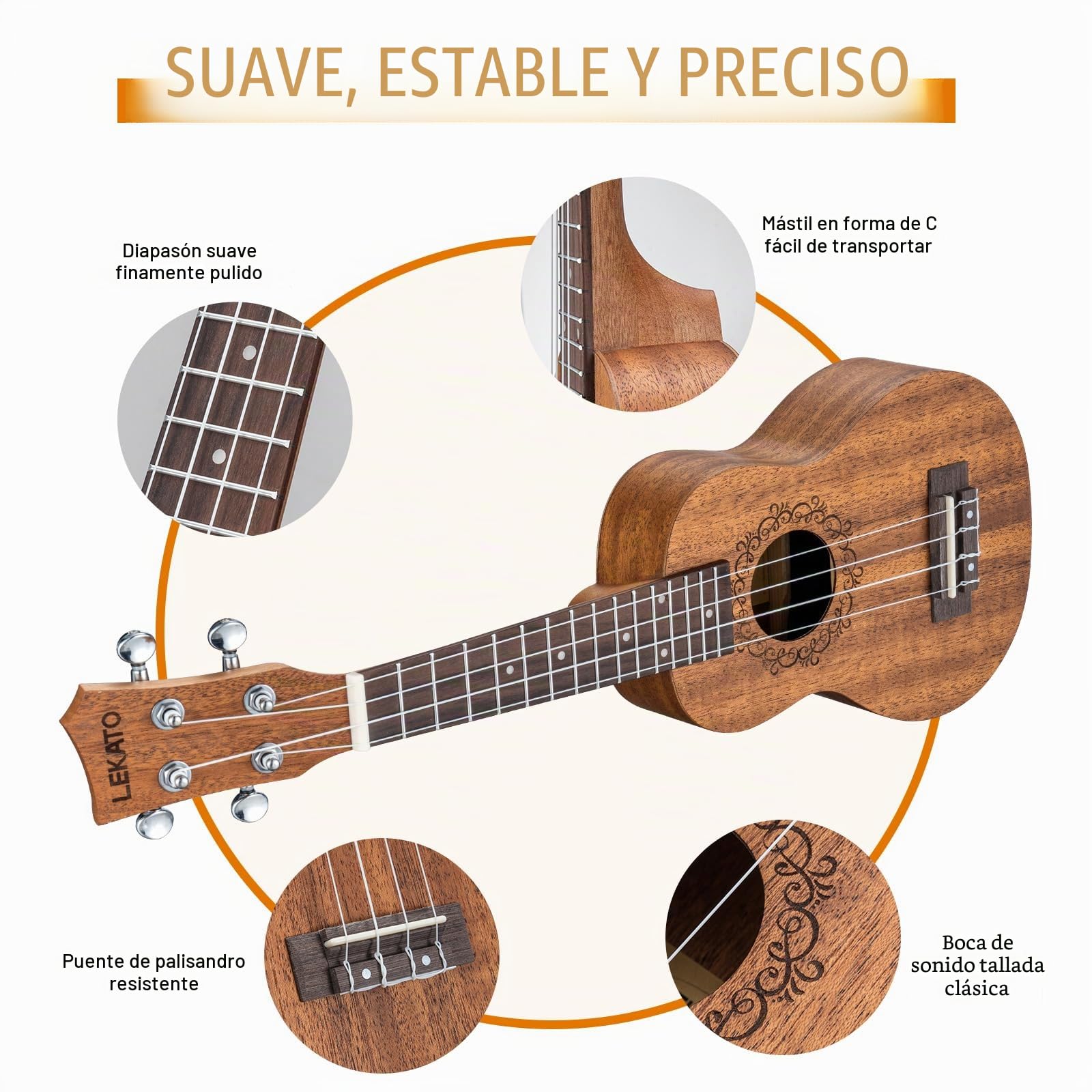 LEKATO Ukelele soprano Sapele de 21 pulgadas, kit de inicio con funda, afinador, correa, púas y cuerdas, juego de ukelele de 4 cuerdas para viajes a Hawái para principiantes