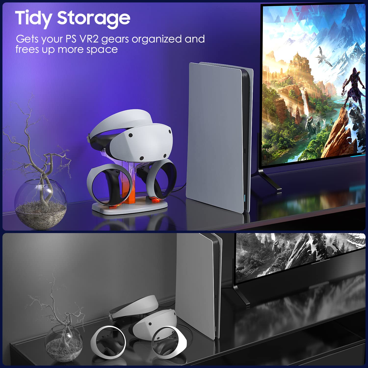 TiMOVO PS VR2 Estación de Carga del Controlador, Cargador Mandos VR2 PS5, Soporte de Cargar Carga Magnética con Soporte para PS VR2 Gafas, LED Luz, Protección de Sobrecarga, Blanco y Transparente
