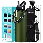 Stainless Steel Sports Water Bottle - 32/40/64 Oz Insulated Water Jug with Straw & Auto Spout Lid, Paracord Handle, Bottle Sleeve, Cold 48H Hot 24H, Sweat-Proof Tactical Flask for Hiking, Army Green