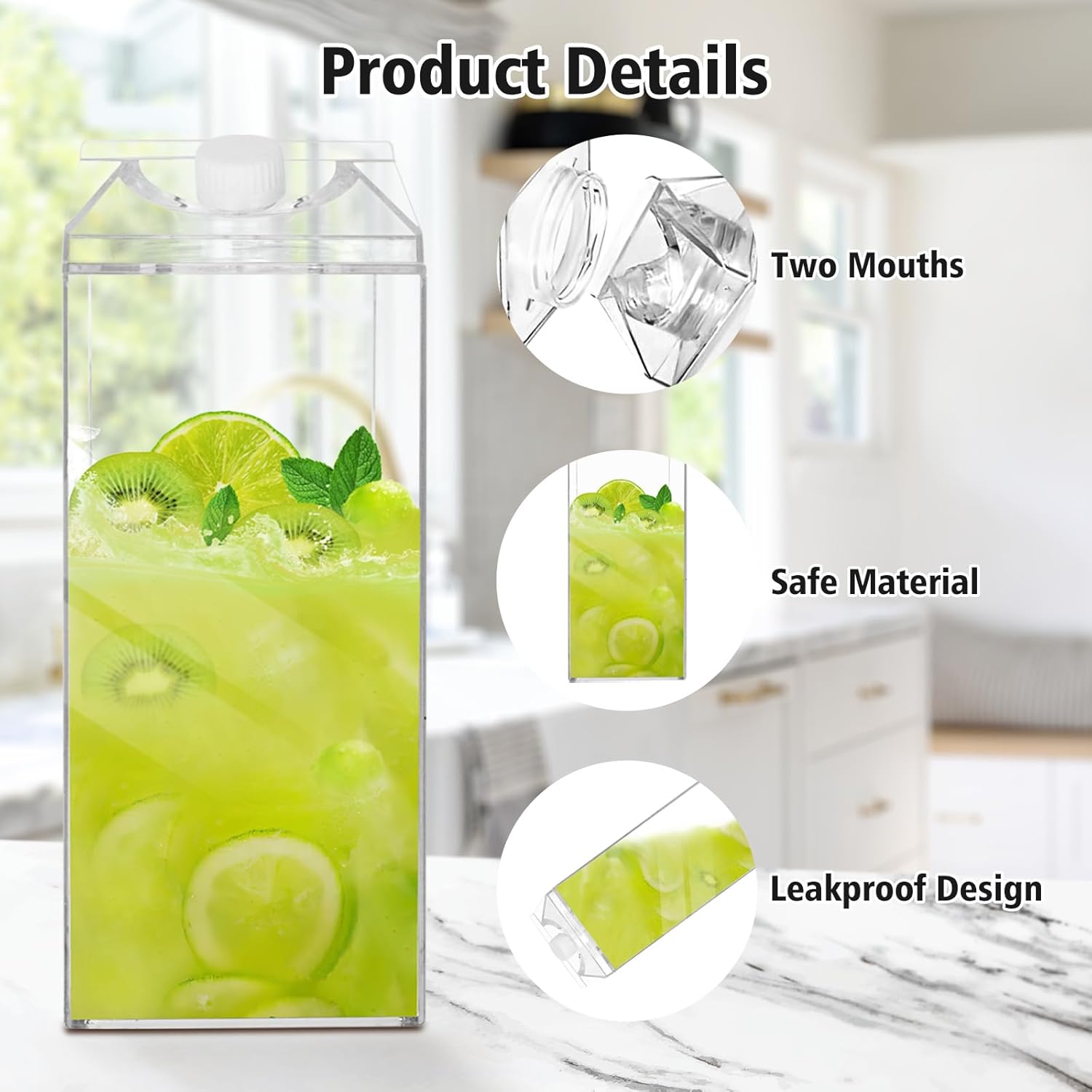 64 Oz Large Clear Milk Carton Container Plastic Square Milk Water Bottle Milk Container for Refrigerator for Outdoor Climbing Tour or Camping (4 Pcs)