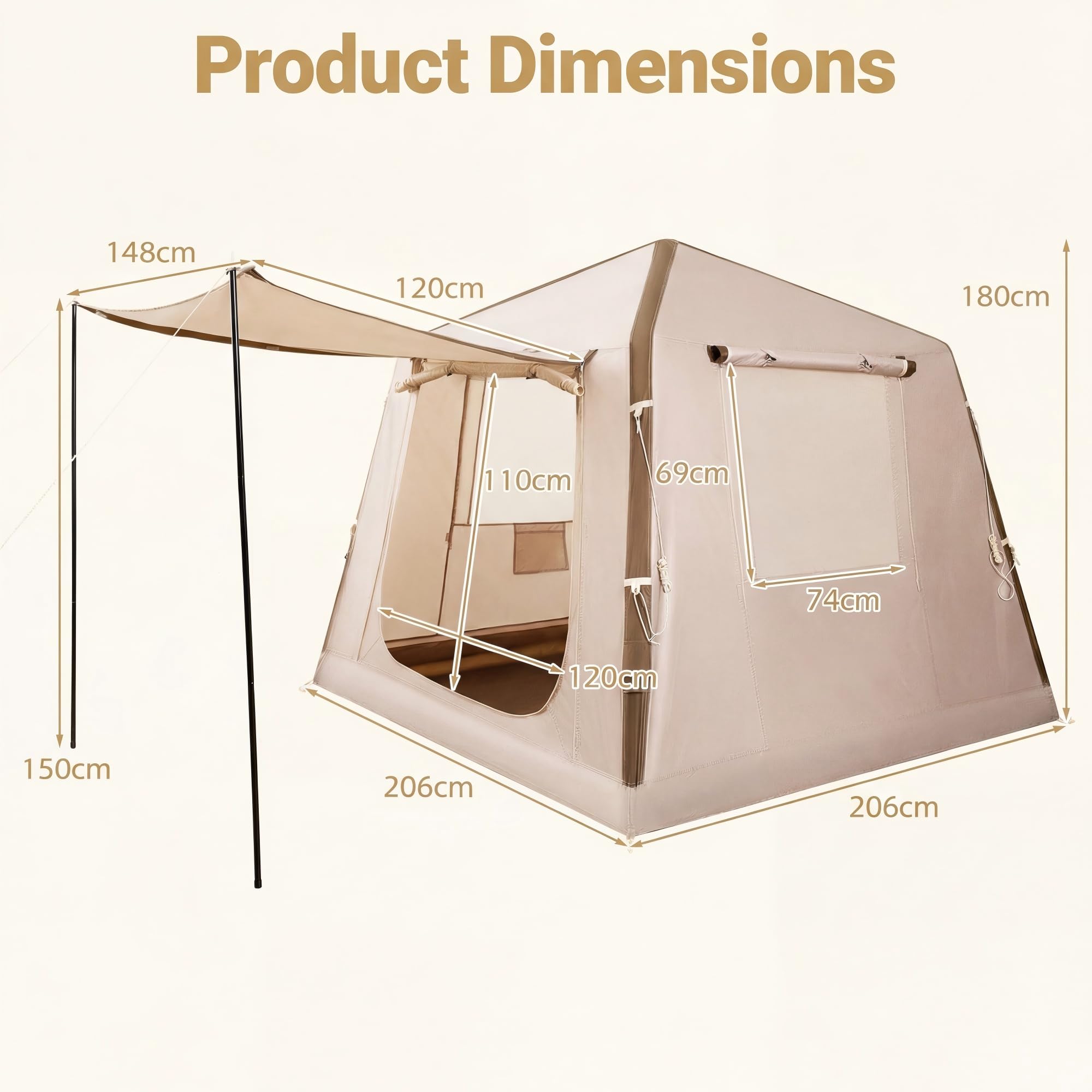 HOMASIS Tenda da Campeggio Gonfiabile, Tenda a Cabina da Esterno per 2-4 Persone, con Pompa, Porte e Finestra in Rete, in Tessuto Oxford Impermeabile, per Viaggi e Escursionie, 210 x 210 x 180 cm