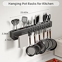Vista 2 de Stainless Steel Pot and Pan Hanger,Wall Mounted Pot Rack Kitchen Hanging Rail With S Hooks,Detachable Pans Hanging Rail Kitchen Utensils Hanger,23.7