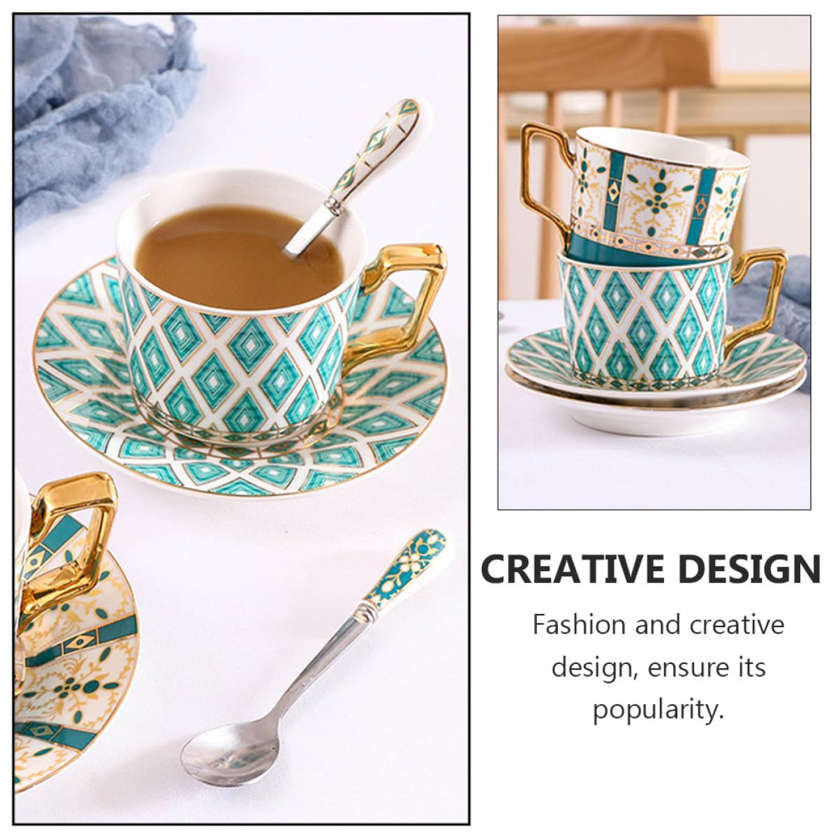 1juego Taza de Café Europea de Porcelana Ósea con Platillo y Cuchara Vajilla Elegante para Café Té y Bebidas Calientes Set