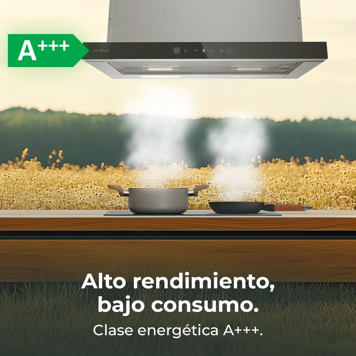 Cecotec Okap teleskopowy 70 cm Bolero Flux TLT 704400 Glass Black A+++. Ssanie 431,2 m³/h, niskie zużycie prądu, silnik DC, kontrola ruchu i dotyk, szkło przednie czarny, korpus ze stali nierdzewnej