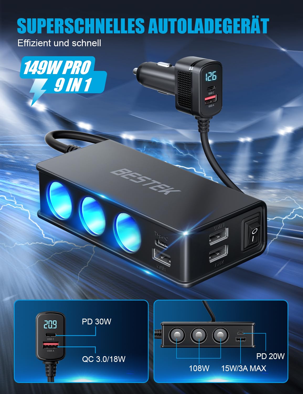 BESTEK Caricatore Auto USB-C PD USB QC3.0 Caricabatterie da Auto 148W, 9 in 1 Adattatore per Accendisigari 12V/24V con 3 Prese & 6 Porte con Display LED per iPhone Dash Cam