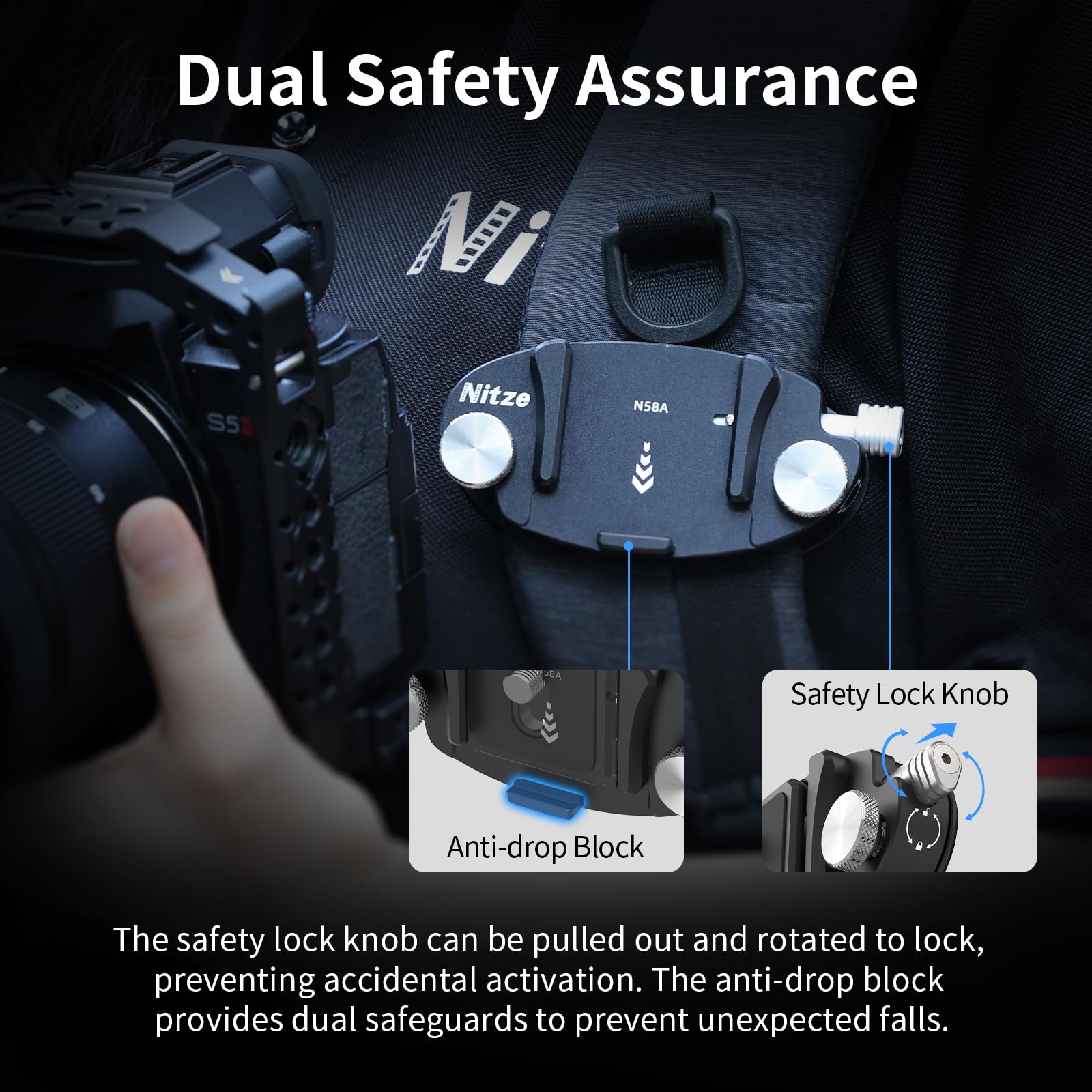 Nitze Kamera Clip, Aluminum Camera Clips, Kamera Rucksack Clip mit 4-seitig Montierbarer Arca Quick Release Platte für DSLR/Mirroless-Kamera, Action-Kameras - N58A