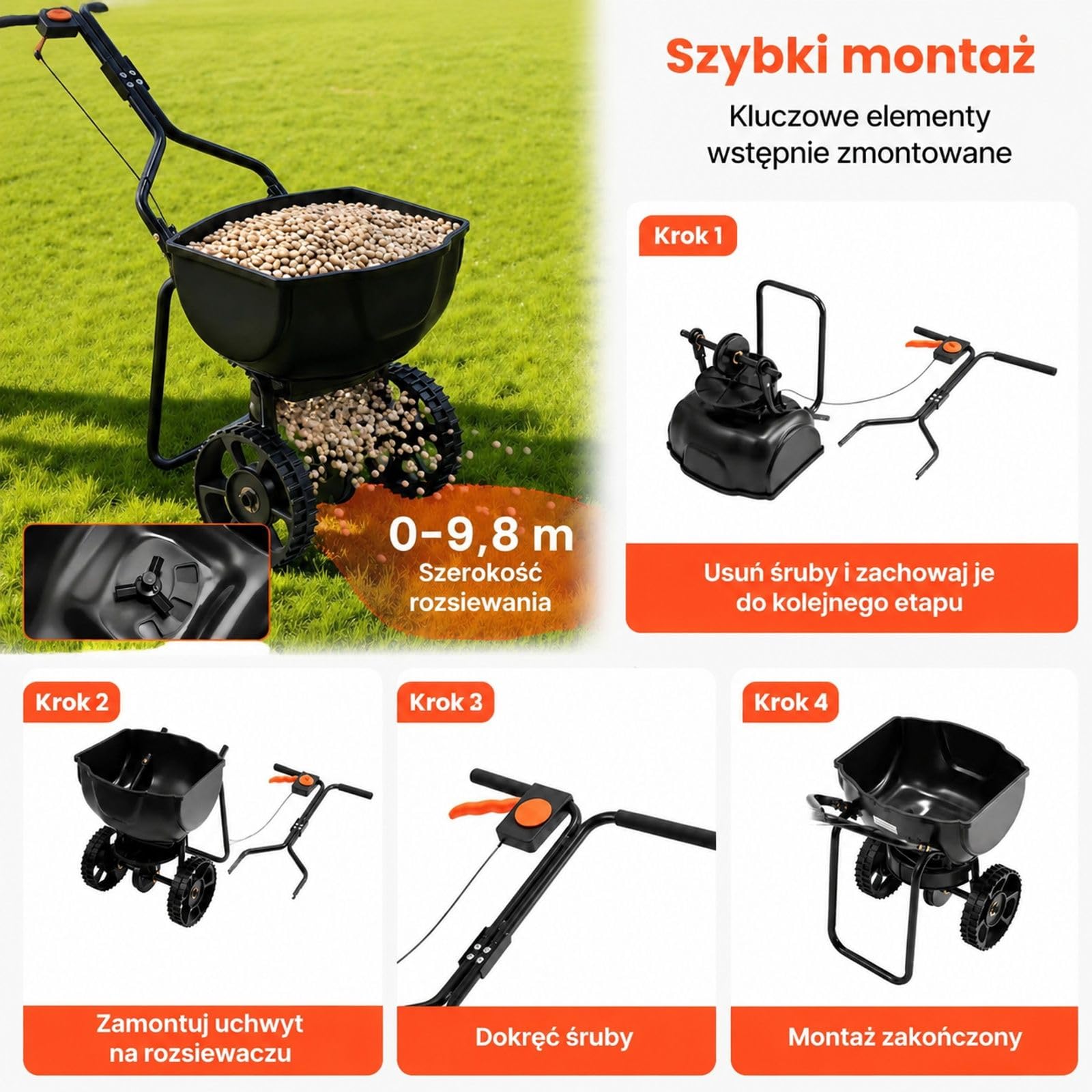 Rozsiewacz ogrodowy do nawozu i nasion, pojemność 6,8 kg, czarny kosz, regulowana szybkość rozrzutu