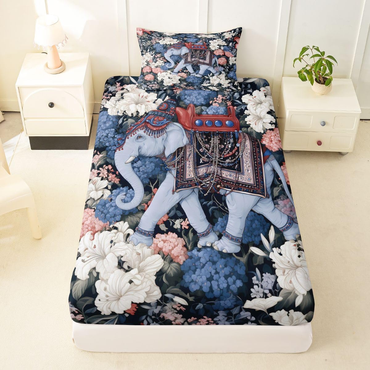 Castle Fairy Boho Elephant Fitted Sheet Twin Size (No Flat),Floral Bloom Bedding Sets 2Pcs,Kids Girls Boys Room Decor,Lily Hydrangea Flowers Bed Sheets Wild Animal Deep Pocket Sheet,1 Pillowcase