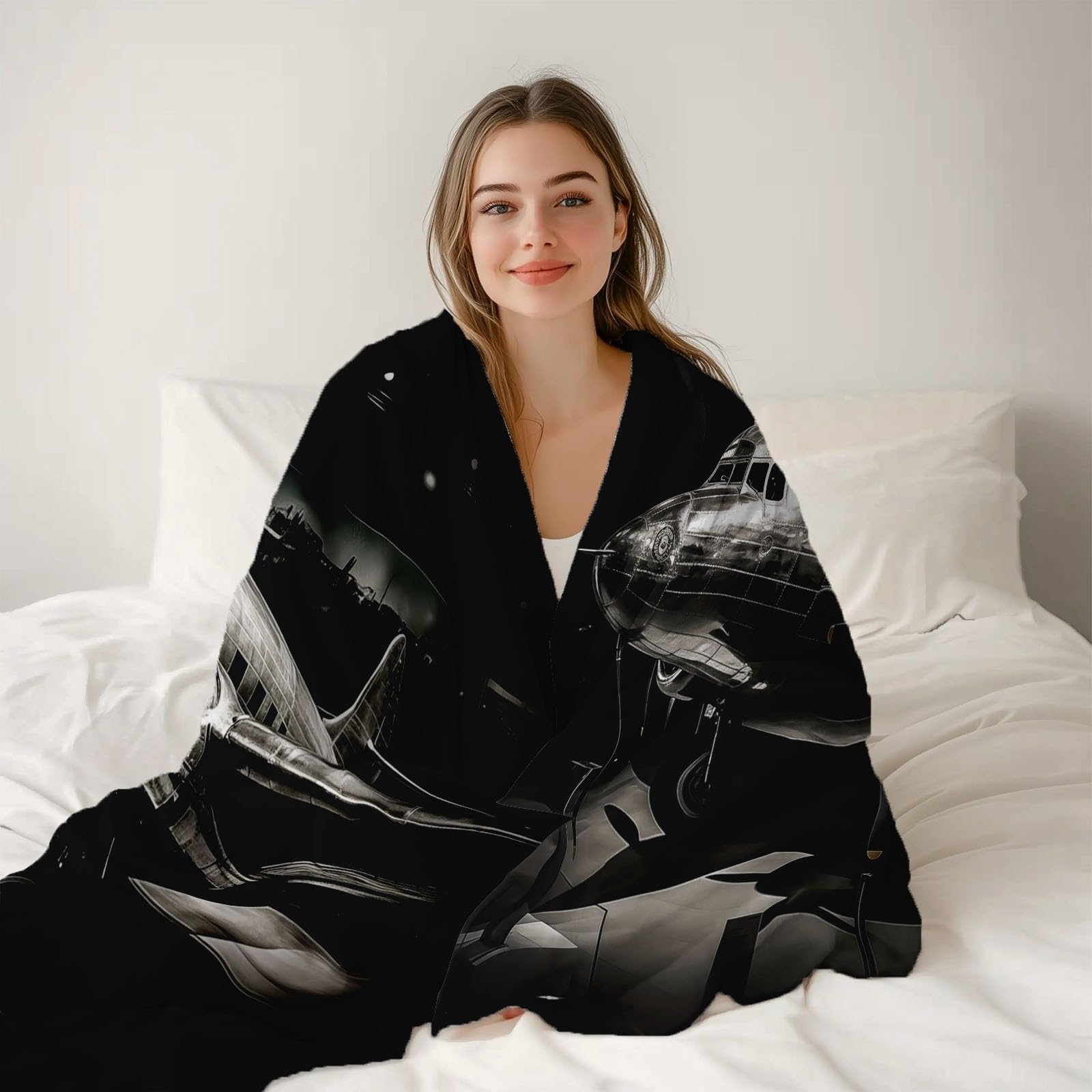 Koc polarowy 200 x 220 cm samolot zabytkowy czarny flanelowy koc polarowy dla 2 osób, z nadrukiem, miękki i ciepły na sofę
