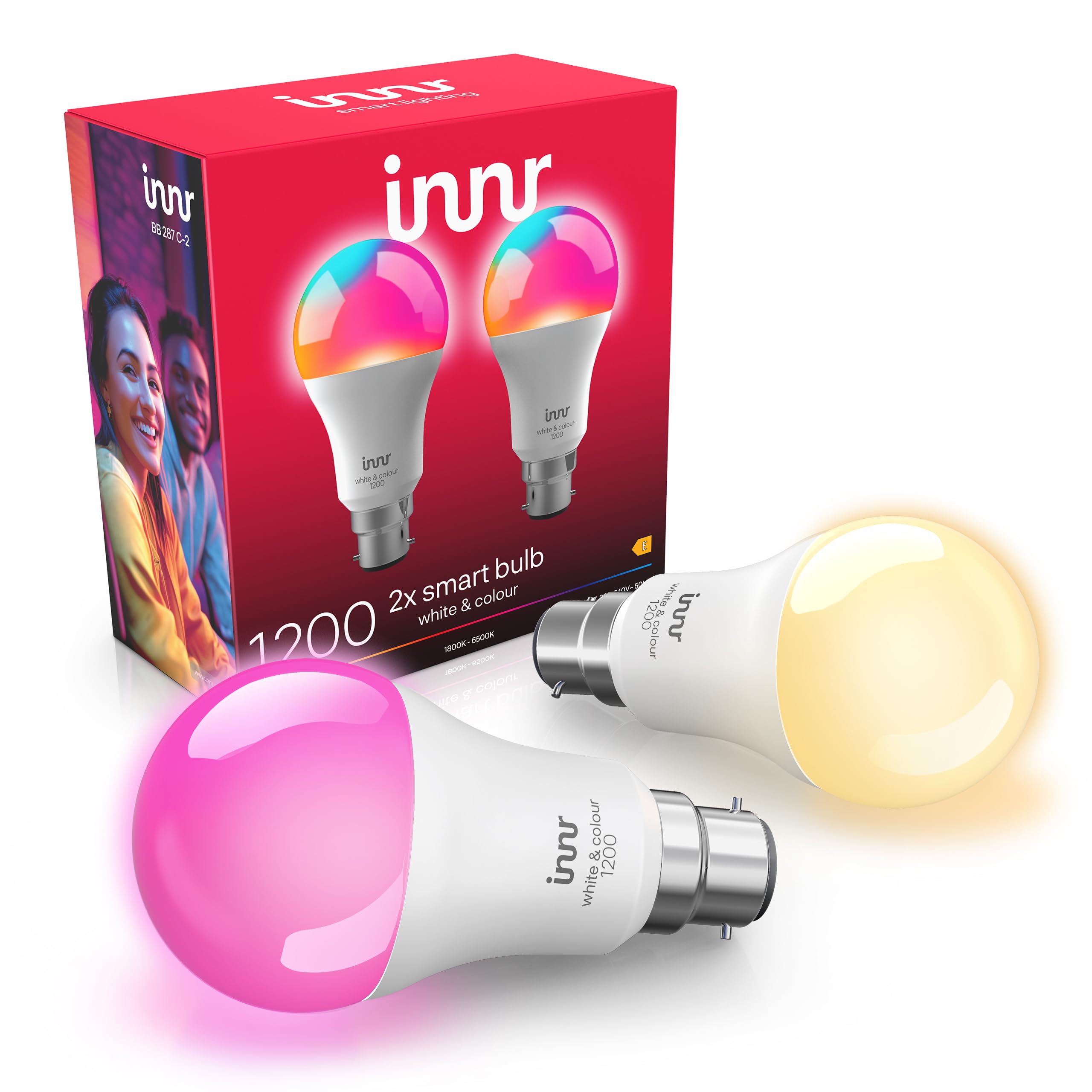 Innr Innr Zigbee B22 Bayonet Smart Bulb, Works with Hue*, Alexa, SmartThing (Bridge Required), LED Light Bulbs White & Colour, 16 Million Colours, 50% More Brightness, Dimmable, 1210 Lumen - 2 Pack