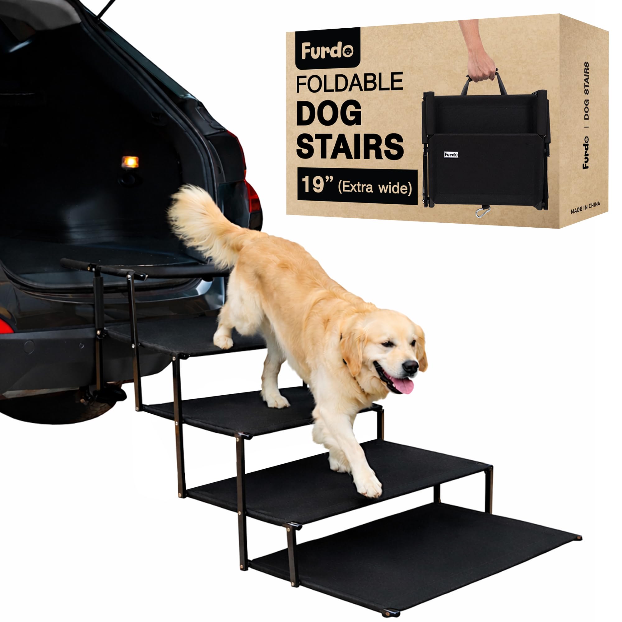 FURDO Dog Stairs for Large Dogs, for Medium Dogs, Foldable Dog Ramp for Car & SUV, Steps for Bed, Extra Wide Non-Slip Pet Steps for Car Side Door,