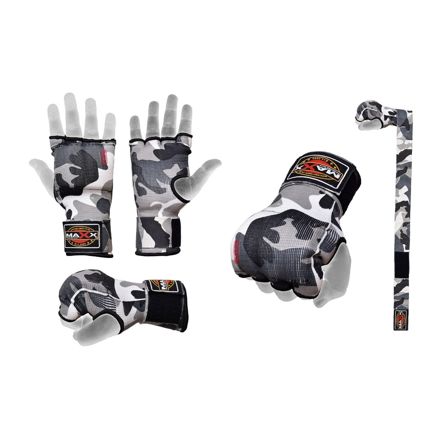 MAXX New Gel Inner Hand Wraps Boxing Gloves Fist Padded Bandages Mma Pad Rrp 9.99 (XL, Grey Camo)