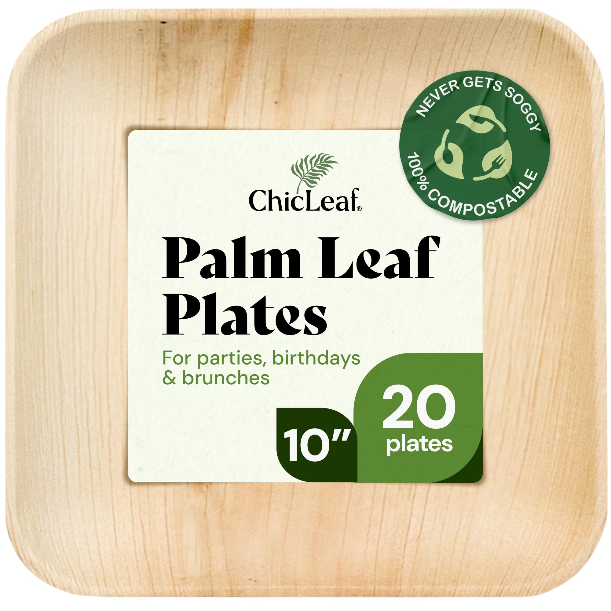 Chic Leaf Palm Leaf Disposable Bamboo Plates - Square, Biodegradable & Compostable Party Plates for Weddings, Parties & Events, Thanksgiving Dinner - Disposable Platter (10", 20 Pack)