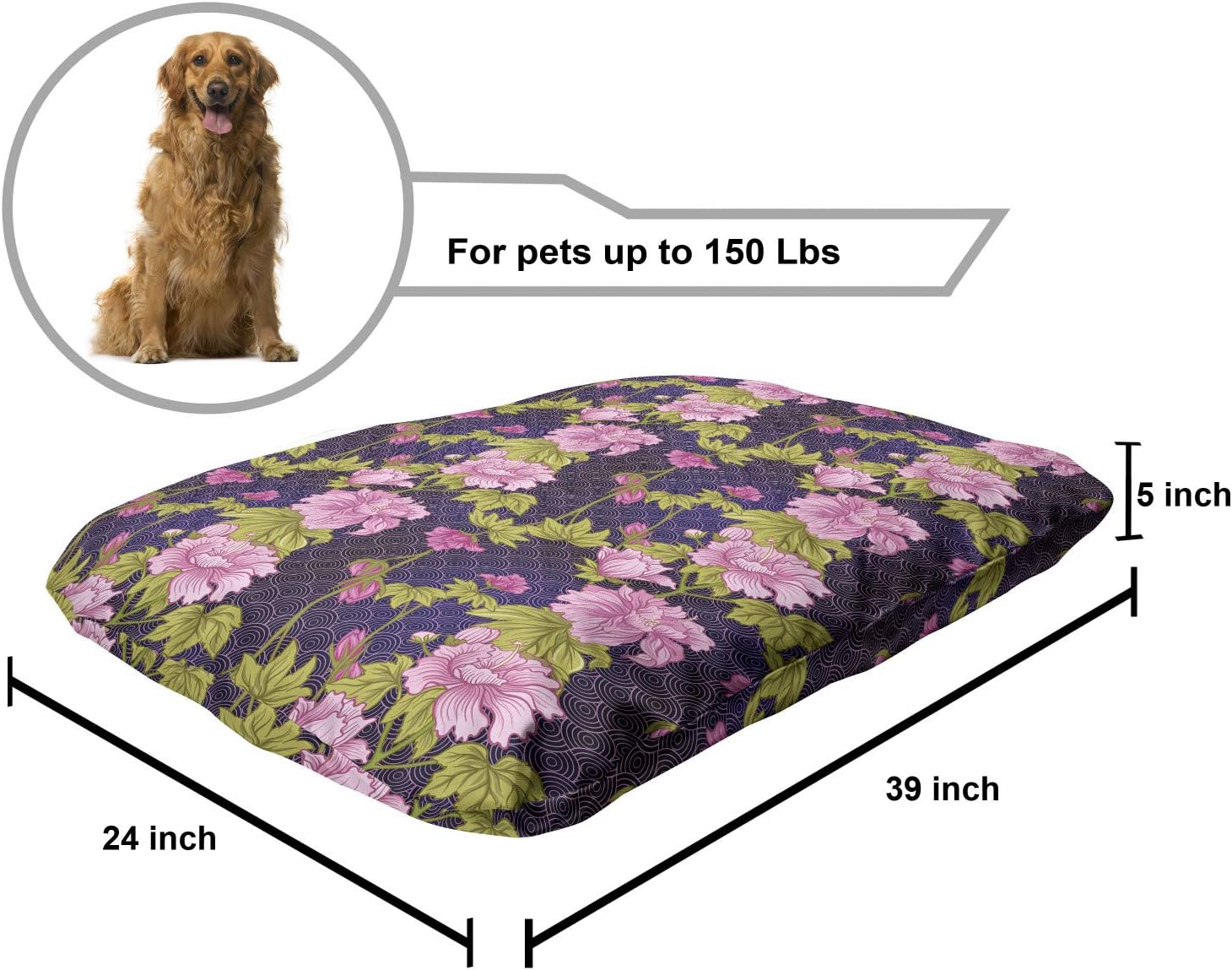 review Lunarable Asian Pet Bed, Pattern with Pink Peony in Japanese Style on Scale Backdrop, Chew Resistant Pad for Dogs and Cats Cushion with Removable Cover, 24