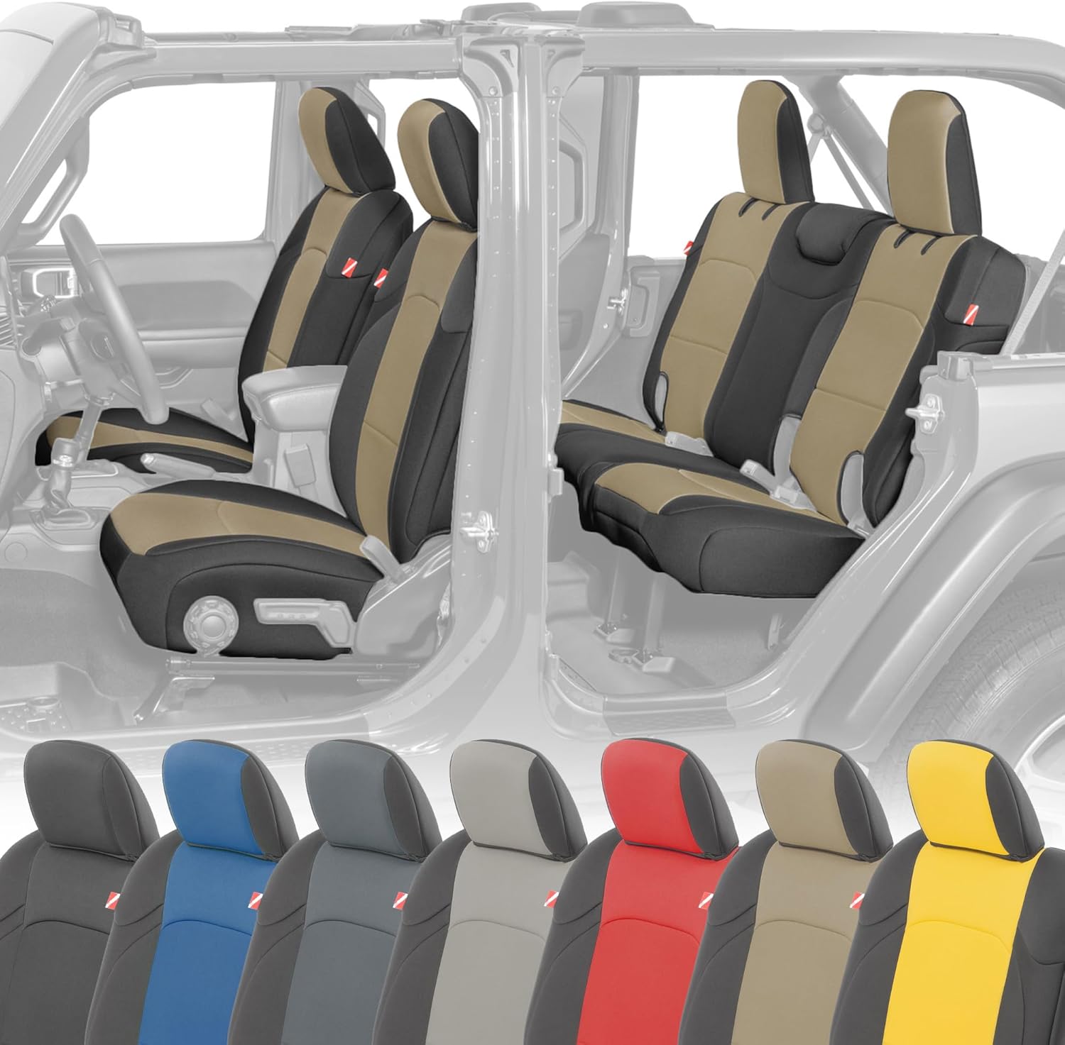 Diver Down Neoprene Seat Cover Set - Fits Jeep JL 4-Door 2018-2025 - Custom Fit Jeep Wrangler Seat Covers 4 Door - Soft Padded Cushion - Does Not Fit 2024+ Power Seats (Tan, Fits Cloth Seat Models)