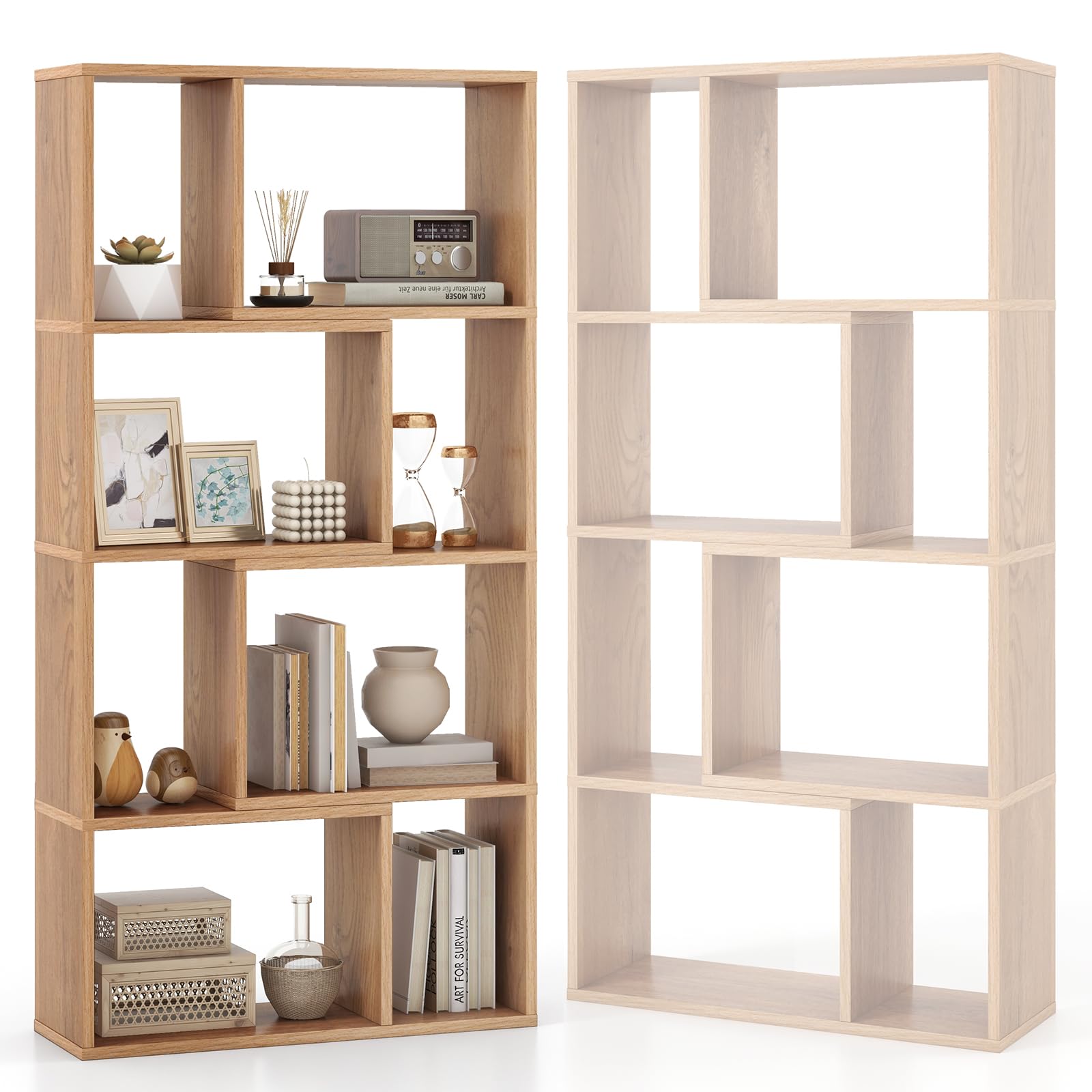 HOMASIS Librería de Pared con 4 estantes, Estantería con Patas Antideslizantes y Dispositivo antivuelco, Estantería Cubo de Madera, Librería Separador para salón, Dormitorio, 60x20x120cm (Natural)