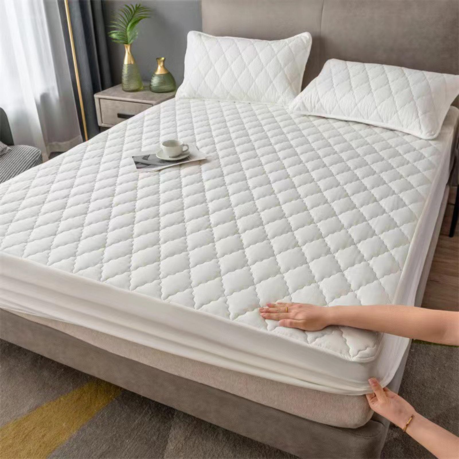 Double Bed Mattress Protectors,Microfiber Quilted Waterproof Mattress Protector Double, Matressesdouble Protector 28cm Deep Stretch Skirt Double Mattr(Size:120*200cm/47.24"x78.74",Color:White)