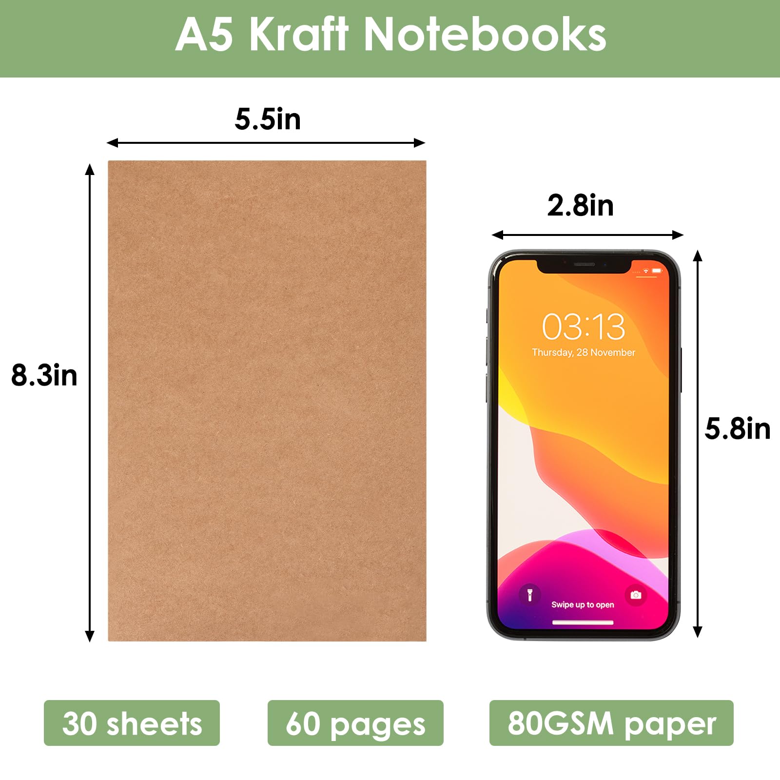 LABUK Notizbücher aus Kraftpapier, A5, 21,6 x 14,9 cm, liniert, 30 Blatt/60 Seiten, 48 Stück