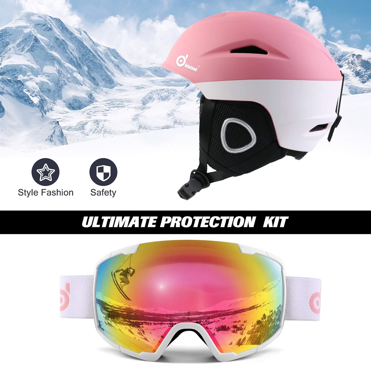 Odoland Ski Helmet, Snowboard Helmet with Ski Goggles, Shockproof, Windproof, Safety Snow Sports Helmet and Protective Glasses for Men Women Youth