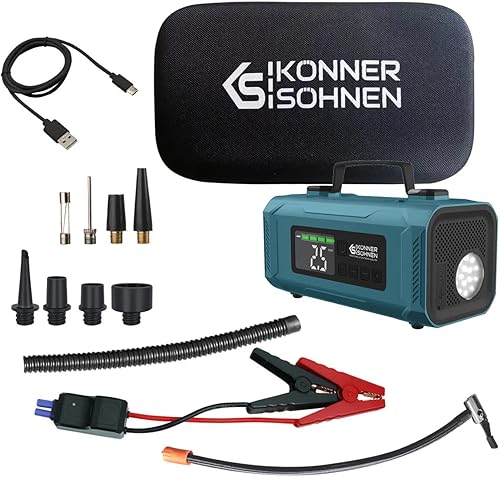 Konner&Sohnen - Arrancador alemán de 14800 mAh, 2000 A, amplificador de batería de coche pico con compresor de aire de 140 PSI, 5 modos de inflado,