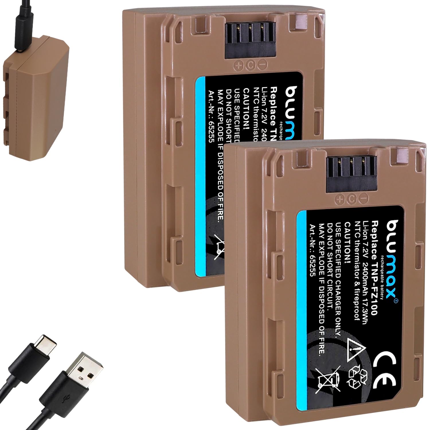 2 x Blumax Battery Compatible with Sony NP-FZ100 | 2400 mAh with USB Type-C Charging Port - NTC Sensor & V1 Housing - for Alpha 9 III A9 III / A7C A7 III - IV