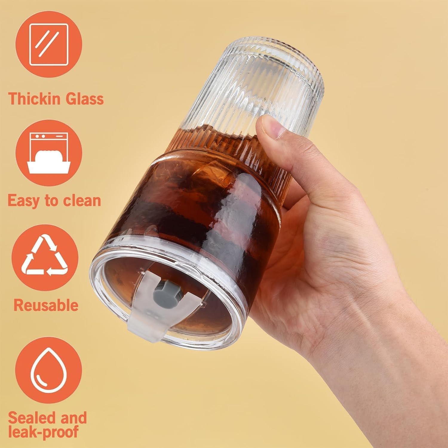 ALINK 20oz Glass Tumblers with Lids and Straws, Set of 4 - Stylish Ribbed Design Drinking Glasses for Iced Coffee Cups, Juice, Smoothies, Cold Beverages, Includes Cleaning Brush, Durable Glassware - Image 5