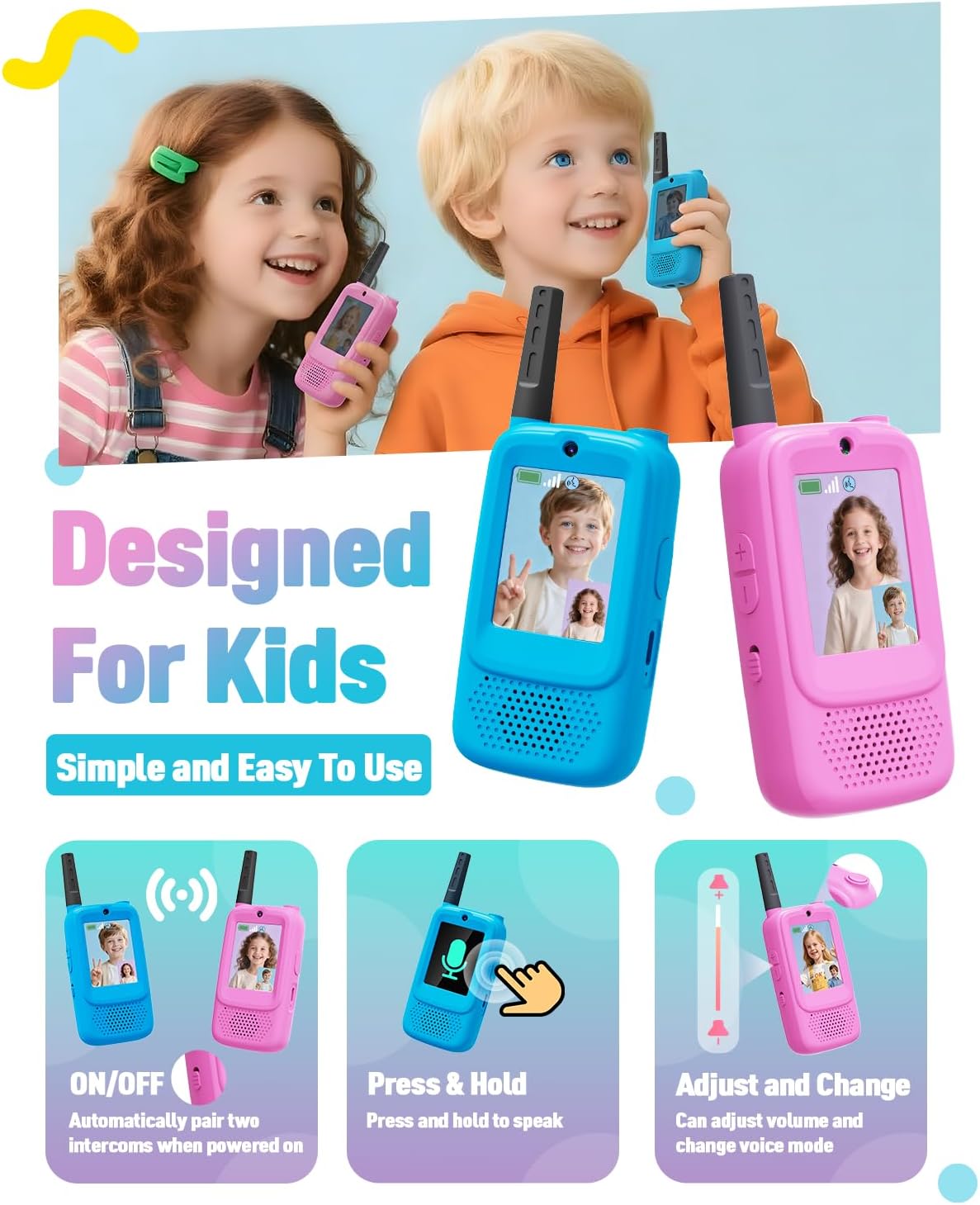 Video Walkie Talkies for Kids, 2-Pack Rechargeable Kids Walkie Talkies with HD Camera, Voice Changer & Long Range, Indoor Outdoor Toys for Hiking,Camping,Christmas Birthday Gifts for 3-12 Boys Girls