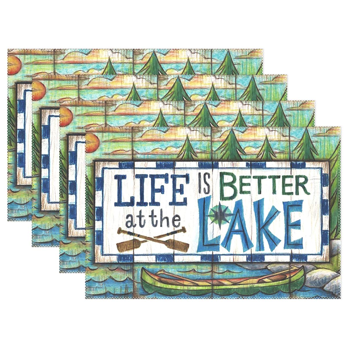 HoDeColor Life is Better at The Lake Placemats Table Mat Set of 6, 12" x 18" Washable Table Place Mats for Kitchen Dining Room Table Decoration