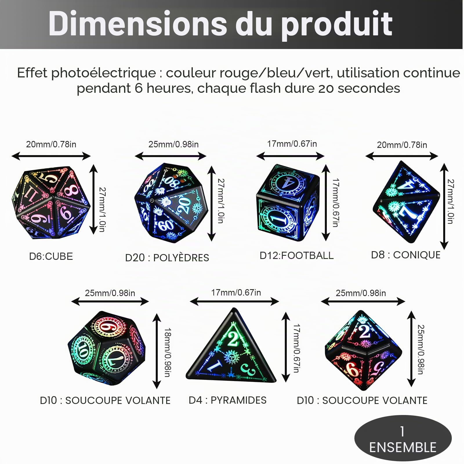 ORUZA Lot de 7 dés lumineux DND à DEL rechargeables avec boîte de charge, dés D&D polyédriques lumineux pour jeux de rôle Donjons et Dragons RPG MTG