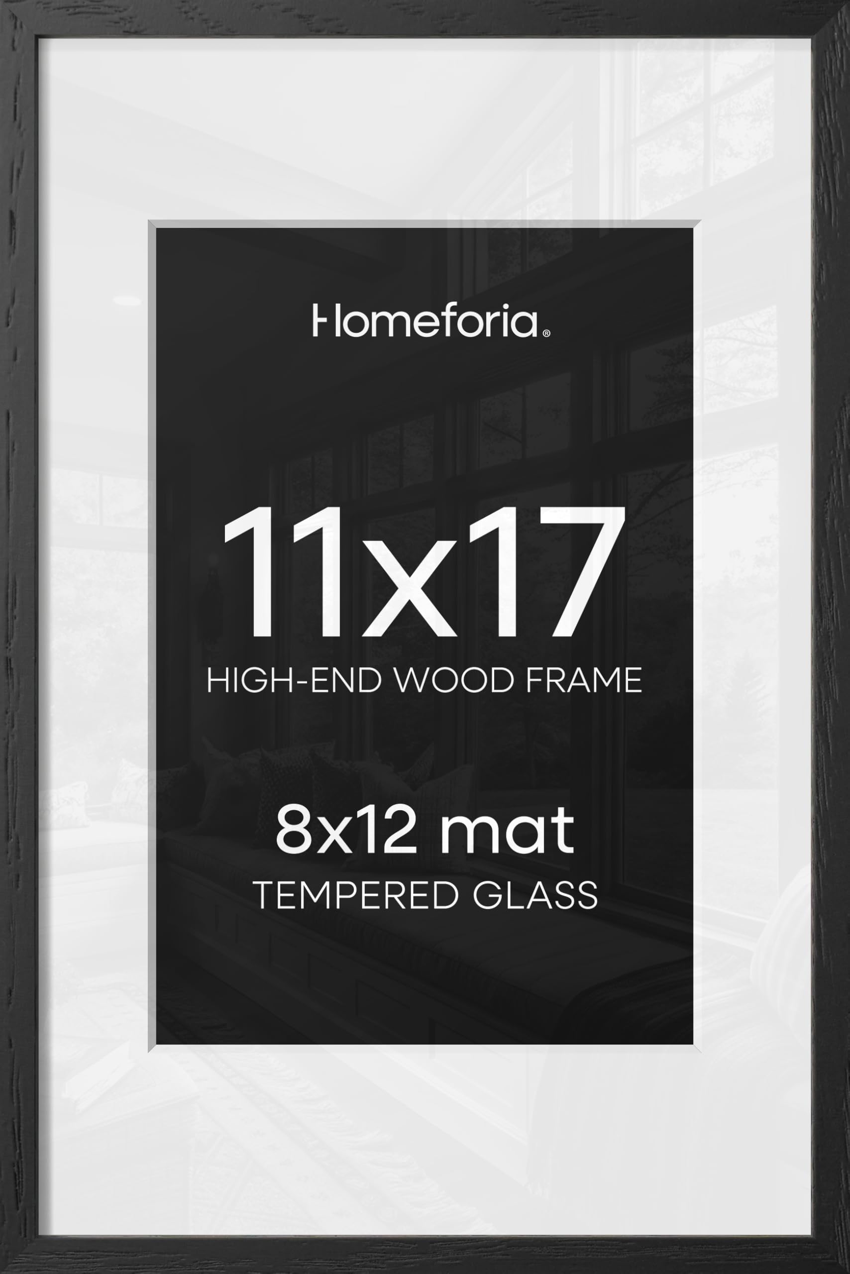 Homeforia 11x17 Black Oak Picture Frame, High-End Wood, 8x12 Mat, Glass | High End Solid Oak Wood, Tempered Glass, Acid-Free 8x12 Removable Mat, 11x17 Edge-to-Edge Display 17x11, Wall Kit, Set Of 2