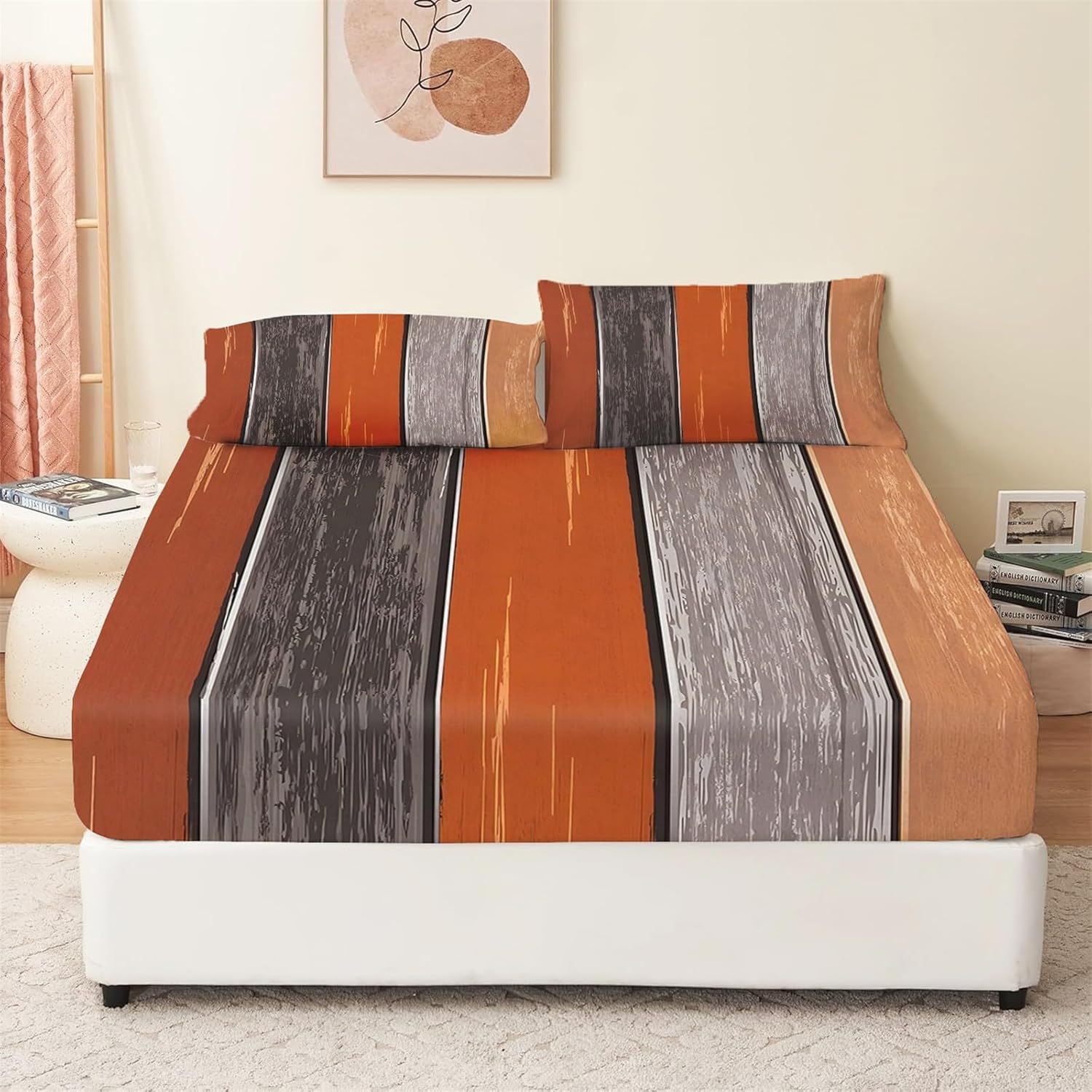 Drap Housse 180x200 cm Planches de Bois Rustiques 3D Drap-Housse Rétro Rustique Draps Housses Microfibre 2 Personnes avec 2 Taie d'oreillers pour Matelas Épais XCW4956