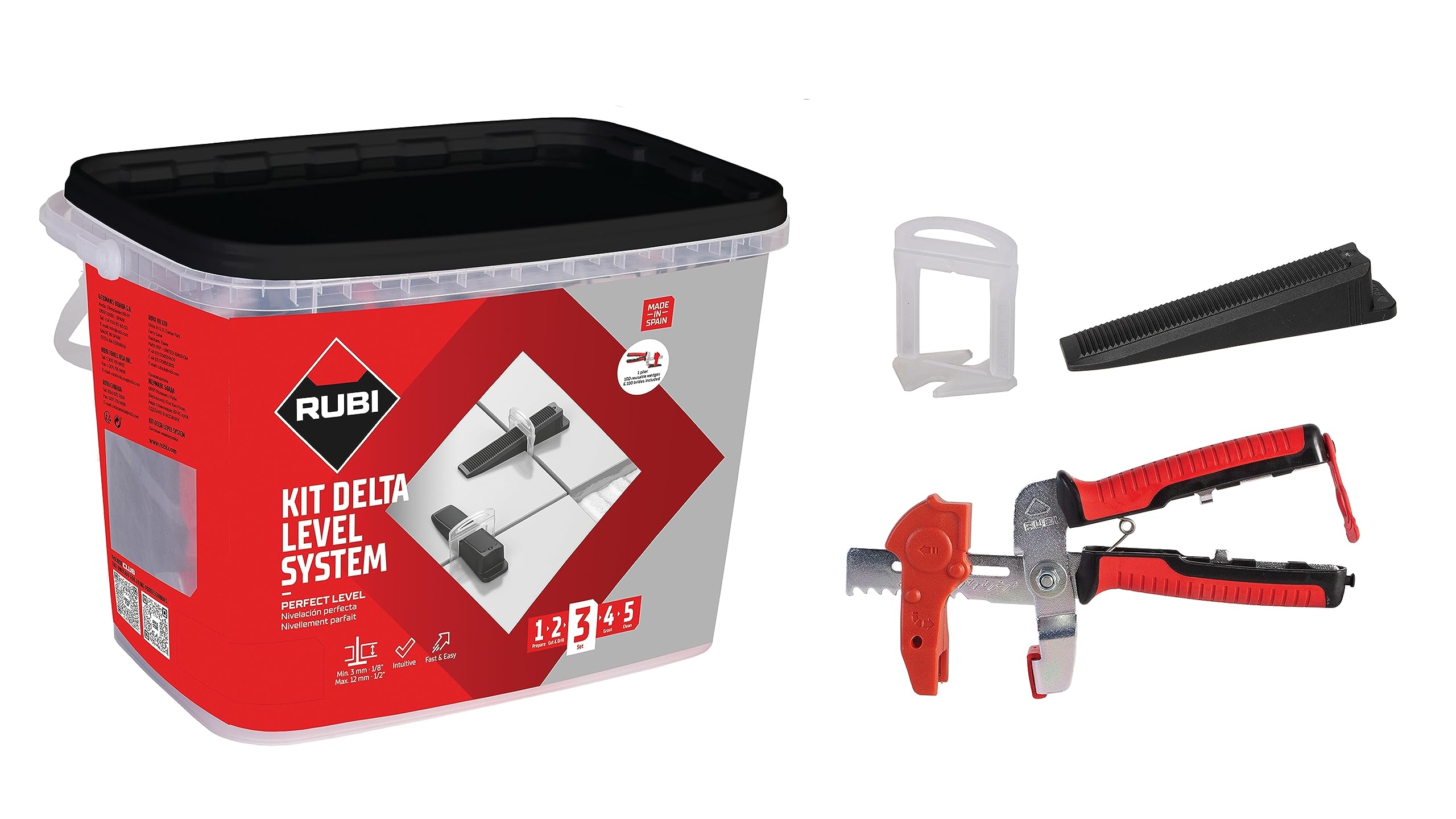 RUBI 3958 | Kit Delta Level System 2 mm (3-12mm) | El Set Incluye: 1 Tenaza, 100 Bridas y 100 Cuñas de Nivelación Reutilizables | Sistema para Facilitar Colocación Cerámicas de Gran Formato