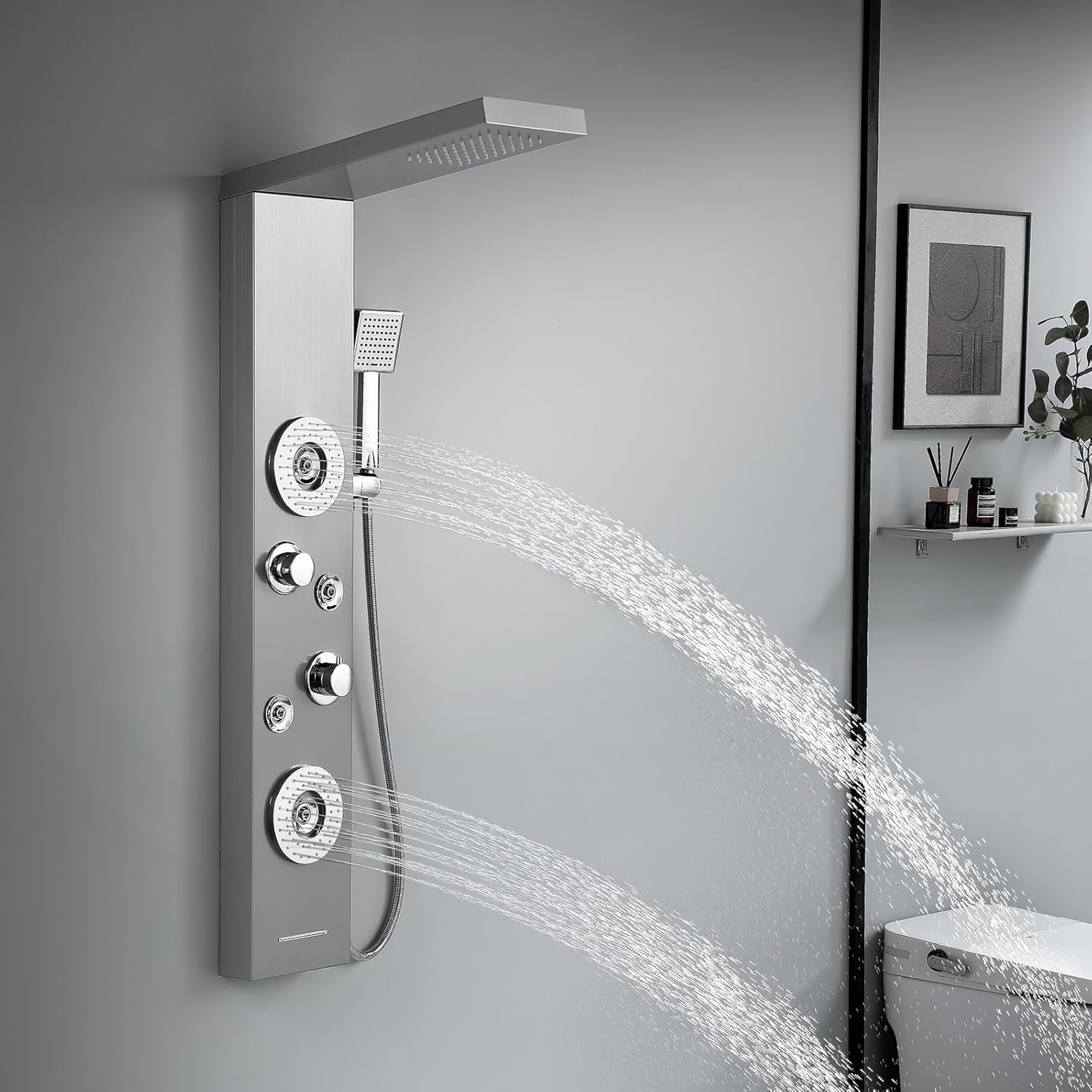 ROVATE Rainfall Shower Panel Tower System with Adjsutable Powerful Body Massage Jets, Flexible Handheld and Waterfall Tub Spout, Stainless Steel High Pressure Shower Column with Brass Valve Body