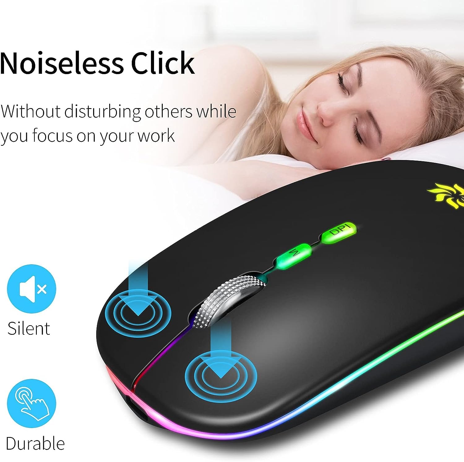 BAMCOO Mouse Wireless LED Mouse Silenzioso Sottile Mouse Wireless Ricaricabile per Computer 2.4G Mouse Wireless per Laptop, MacBook, iPad, Chromebook, con Ricevitore USB e Tipo C(Nero)