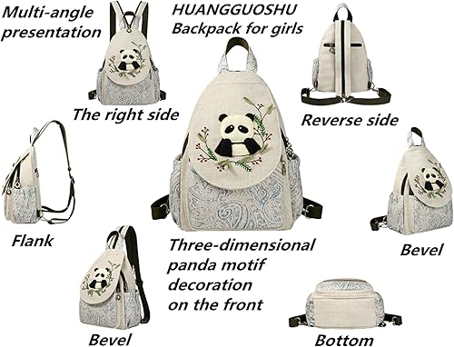 Vista 151 de HUANGGUOSHU Mujer de algodón tejido bohemio cáñamo Boho lona bordado múltiples bolsillos retro linda mochila cartera mochila mochila gato caprichoso