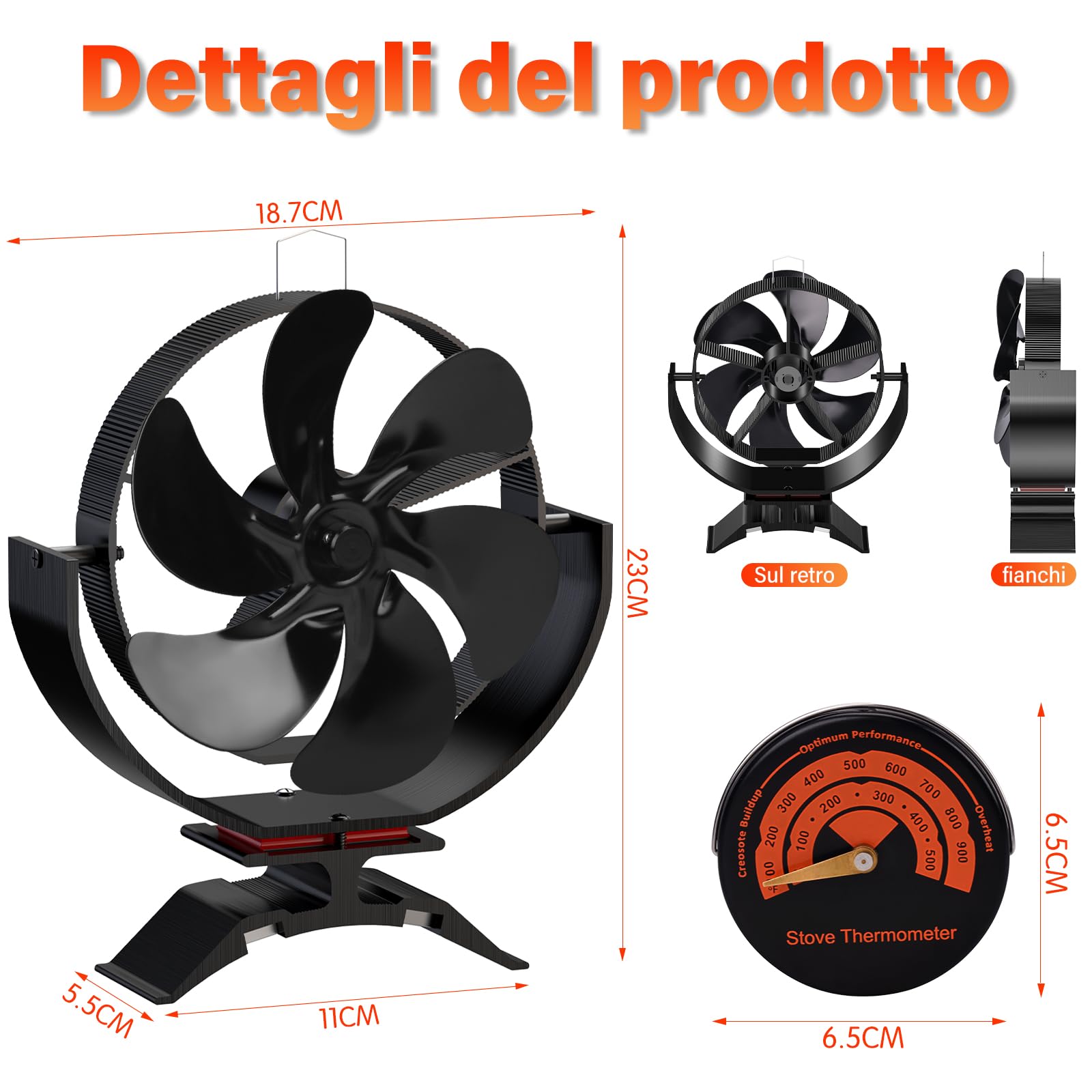 Ventilatore per Stufa a Legna con 6 Pale e Termometro - Ecologico, Silenzioso, Senza Elettricità, Alimentato a Calore - Per Camino, Gas, Pellet