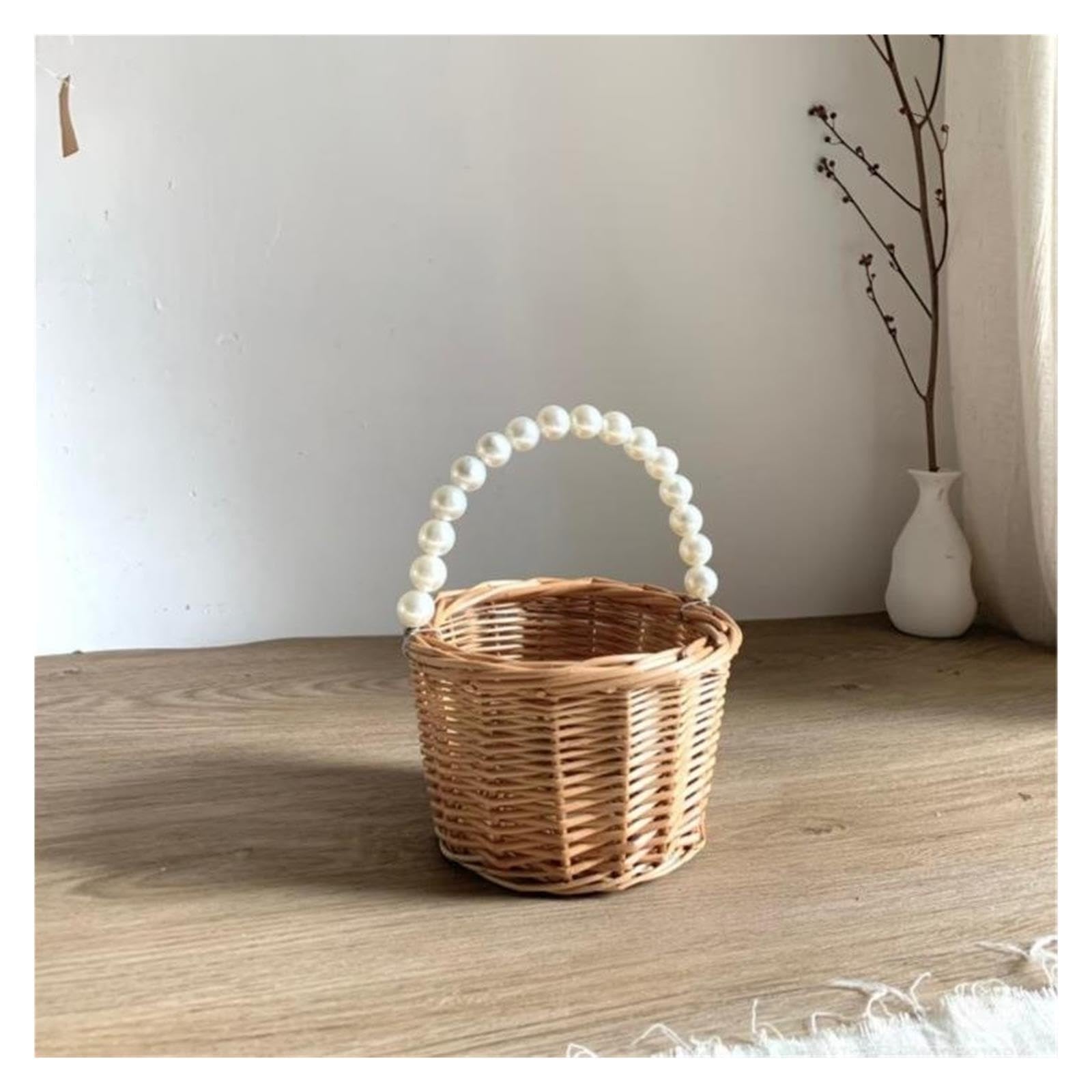 1pcs Pearl Portable Rattan Flower Basket Per Matrimoni