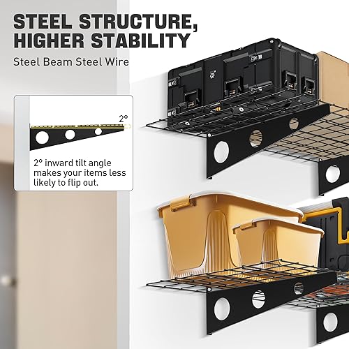 Miniatura 4 de Paquete de 2 estantes de pared de garaje de 2 x 6 pies, estante de pared resistente de 72 x 24 pulgadas, estante de almacenamiento de garaje montado