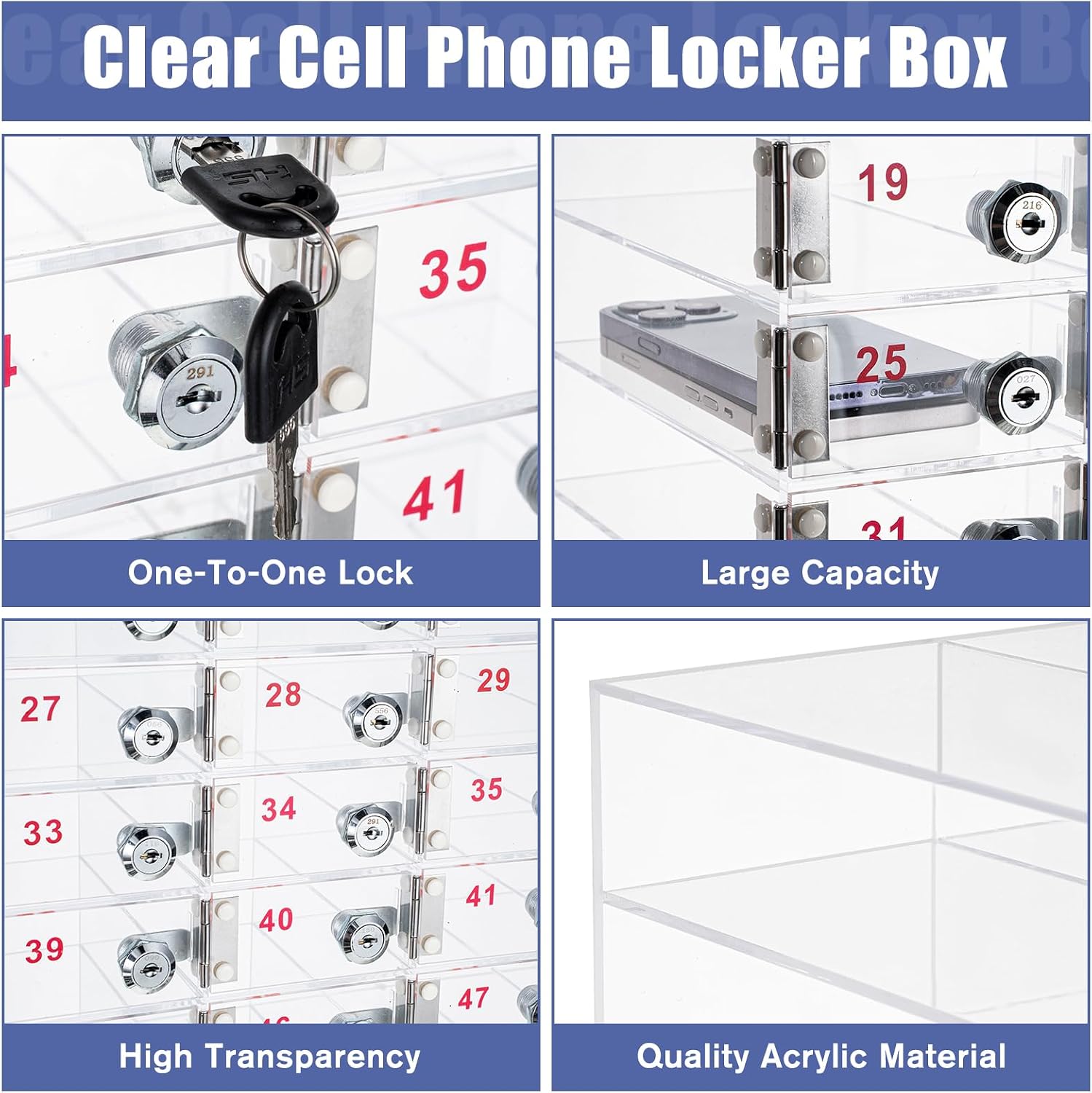 Layhit 60 Slots Cell Phone Locker Box for Classroom Clear Acrylic Cell Phone Storage Cabinet Bin with Door Locks for Classroom School Students Office Factory Employees