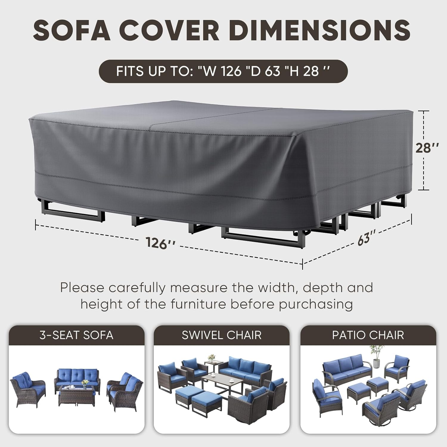 Patio Furniture Cover Waterproof-600D Waterproof Heavy Duty for 8/9 Pieces Pieces Set Outdoor Furniture Covers Sectional Sofa Set Covers 126" L × 63" W × 28" H-Grey