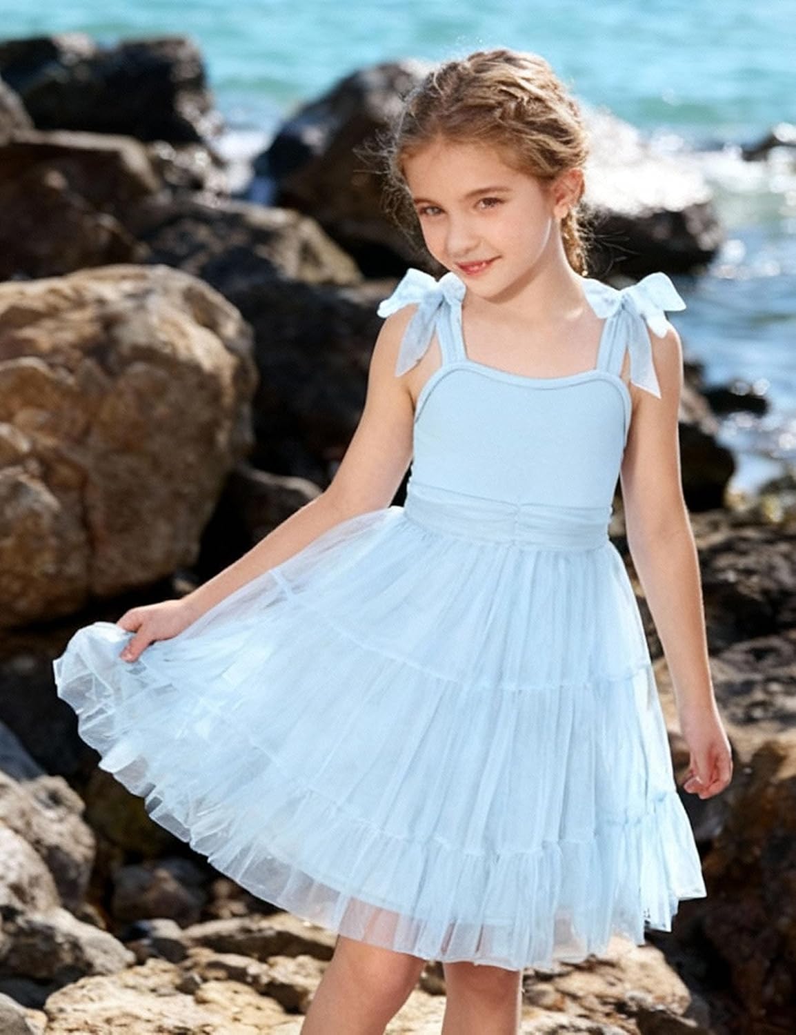 Arshiner Girls Dresses Summer Sleeveless Bow-Tie Straps Formal Fancy Party Birthday Tulle Dress
