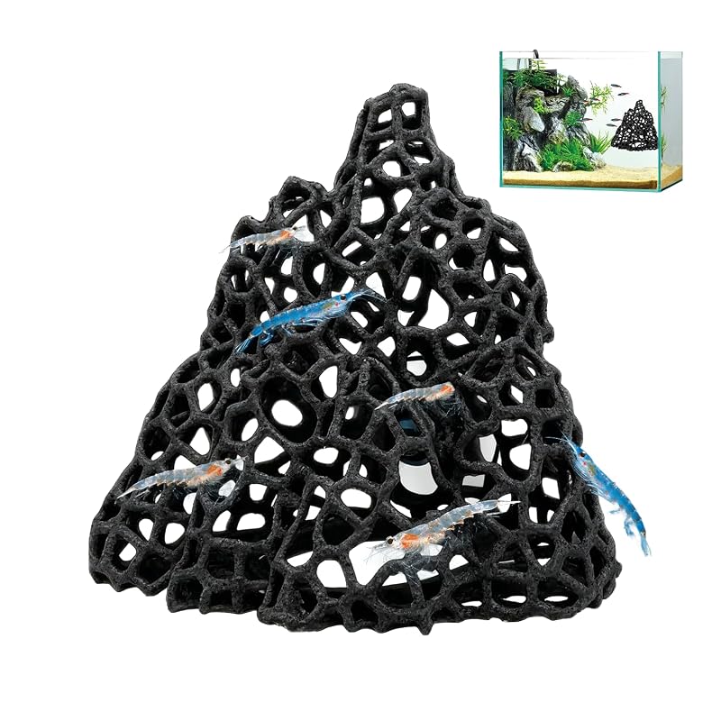 Esconderijo para Aquário com Ventosa, Decoração de Coral com Múltiplas Aberturas TYZEMKO, Preto