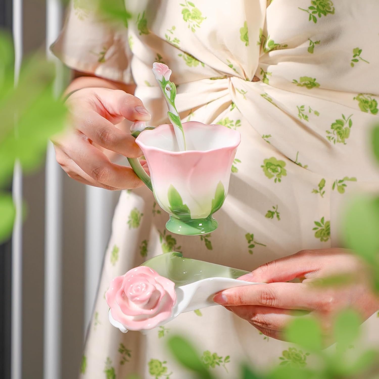 Dandat Ceramic Rose Tea Cups and Saucers with Spoon Rose Flower Shaped Cup and Sauce Set Cute Tea Cups Flower Mug Valentine Birthday Christmas Gifts for Home Office Kitchen, 6 oz(Pink) - Image 4