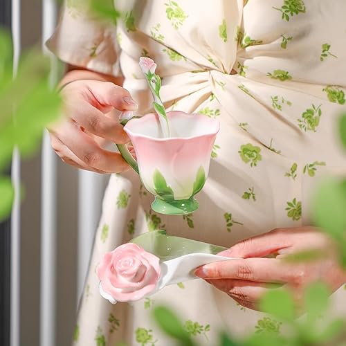 Miniatura 4 de Dandat Juego de tazas y platillos de cerámica con cuchara, taza y salsa en forma de flor de rosa, tazas de té, tazas de flores, regalos de San