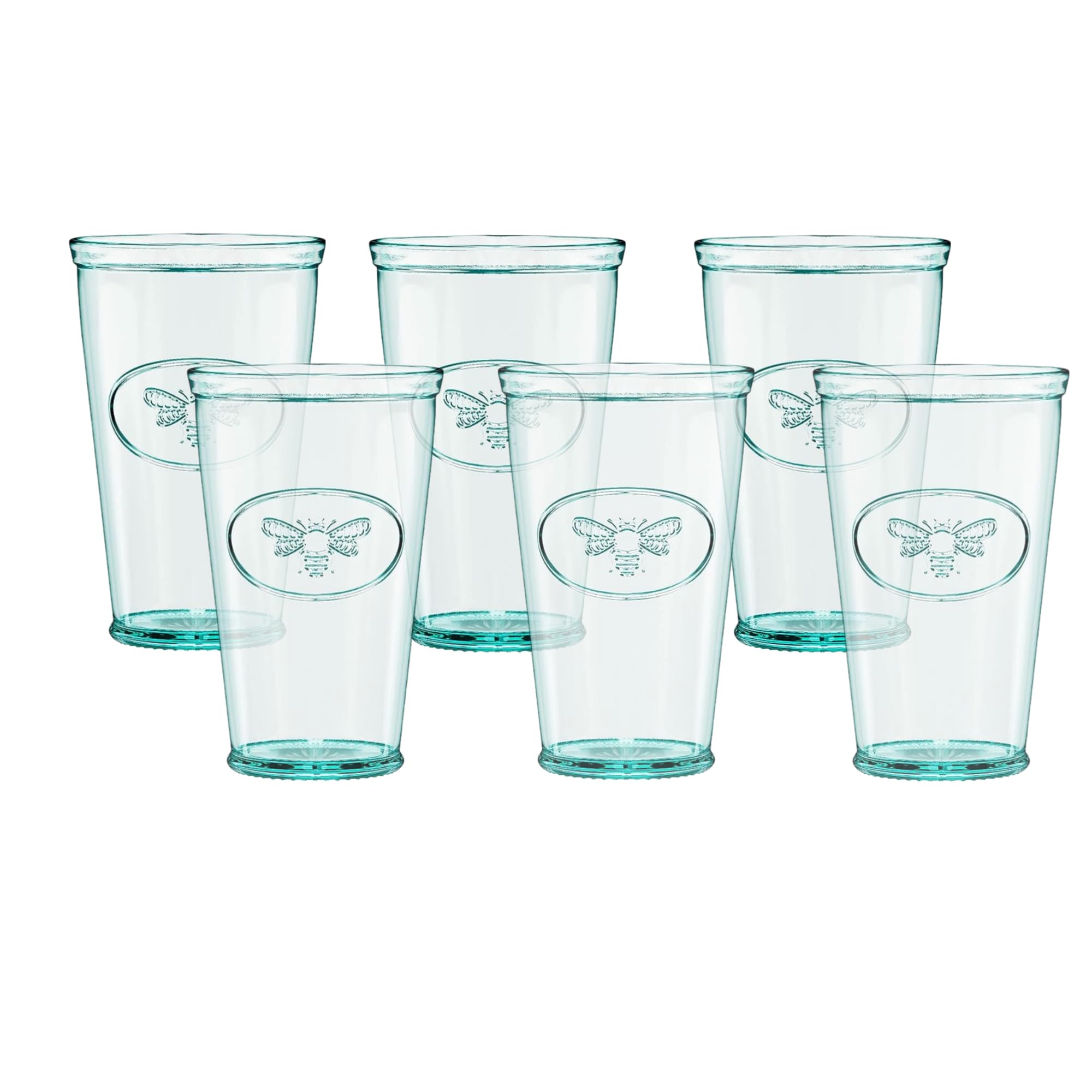 Amici Home Bee Hiball Glass | 16 Oz | Italian Made, Recycled Glass with Green Tint | Drinking Glass with Embossed Bee Design for Water, Juice, Cocktails (Set of 6)