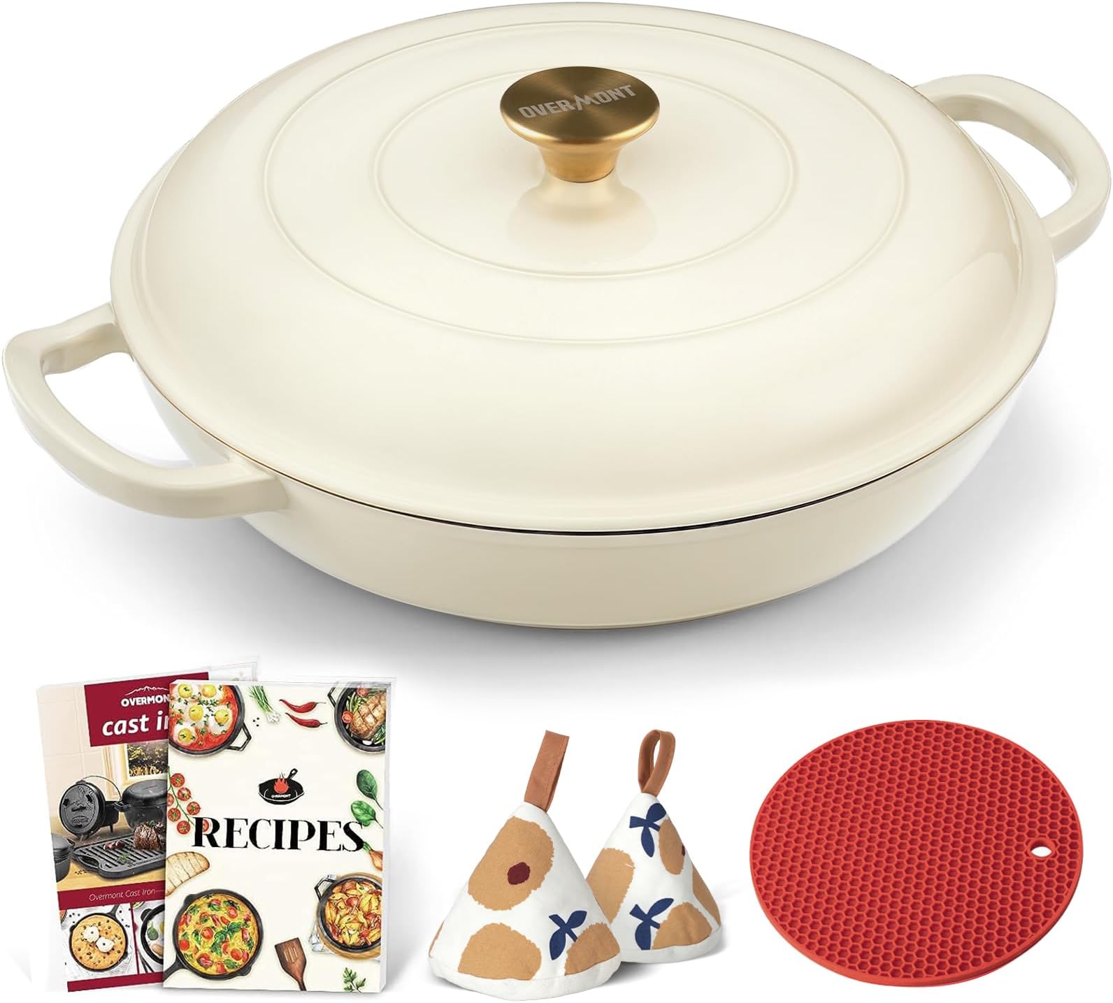 Cast Iron Casserole Pot 30 cm Enamel Roasting Dish with Lid Oven Safe with Cookbook for Kitchen Baking Braising Roasting White