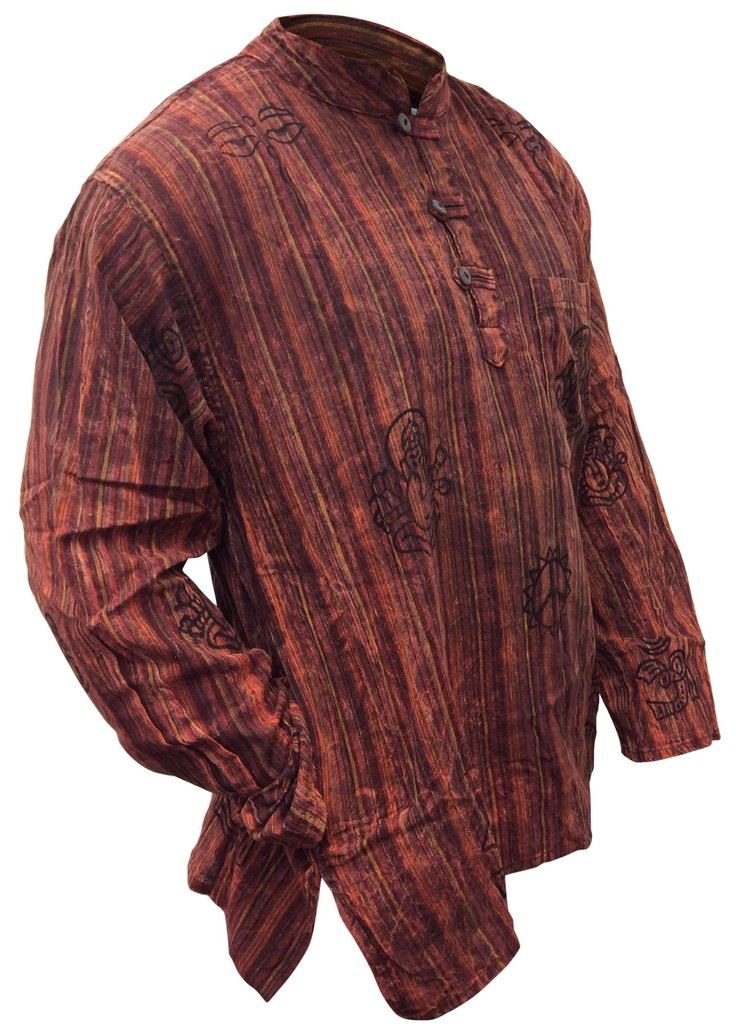 Shopoholic Fashion Men's Maroon Unisex Stonewashed Striped Light Weight Hippy Grandad Shirt, 2XL