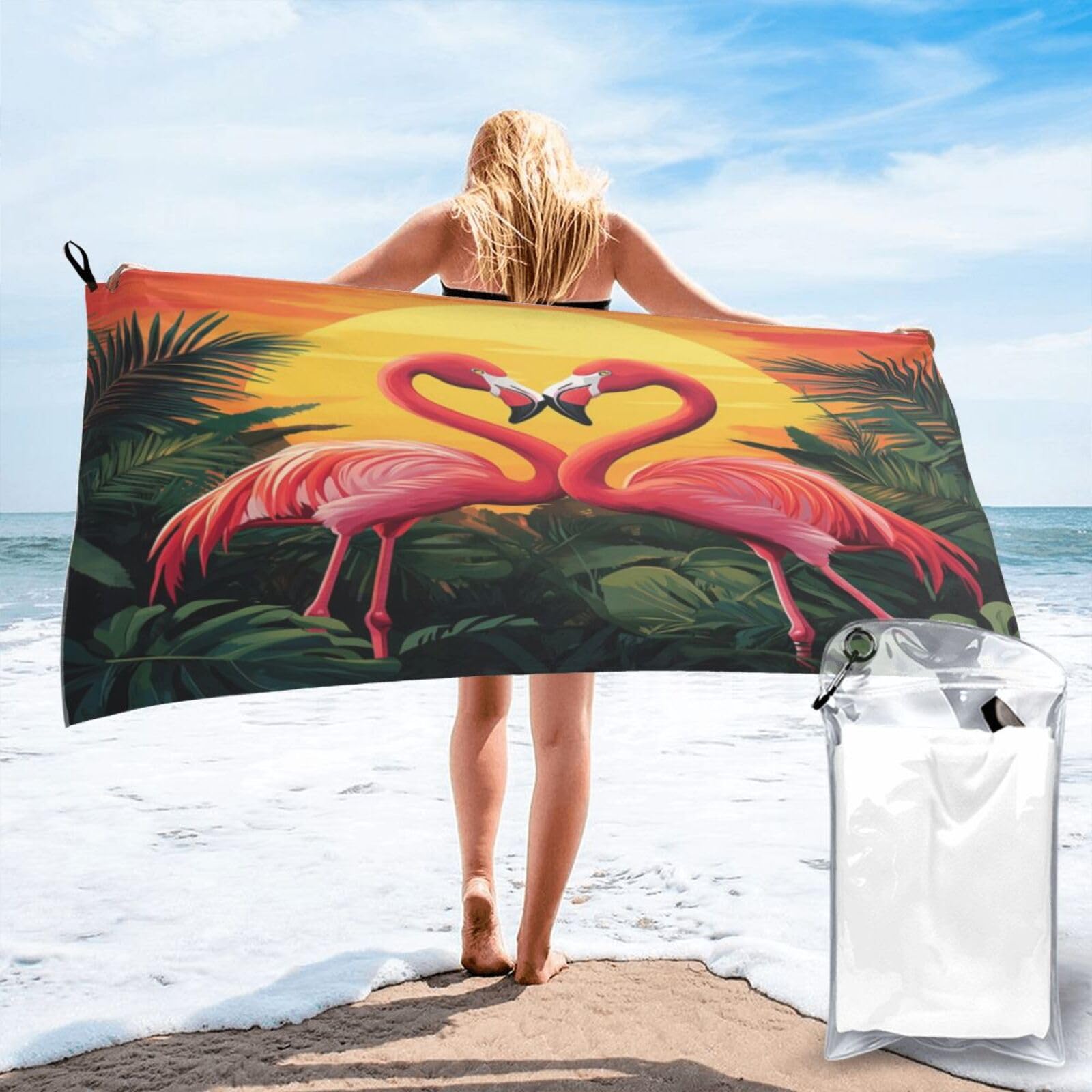 Anceky Flamingos in Heart Shape Sunset Tropical Quick Dry Microfiber Travel Towel with Carry Case and Carabiner 31.5"X63"